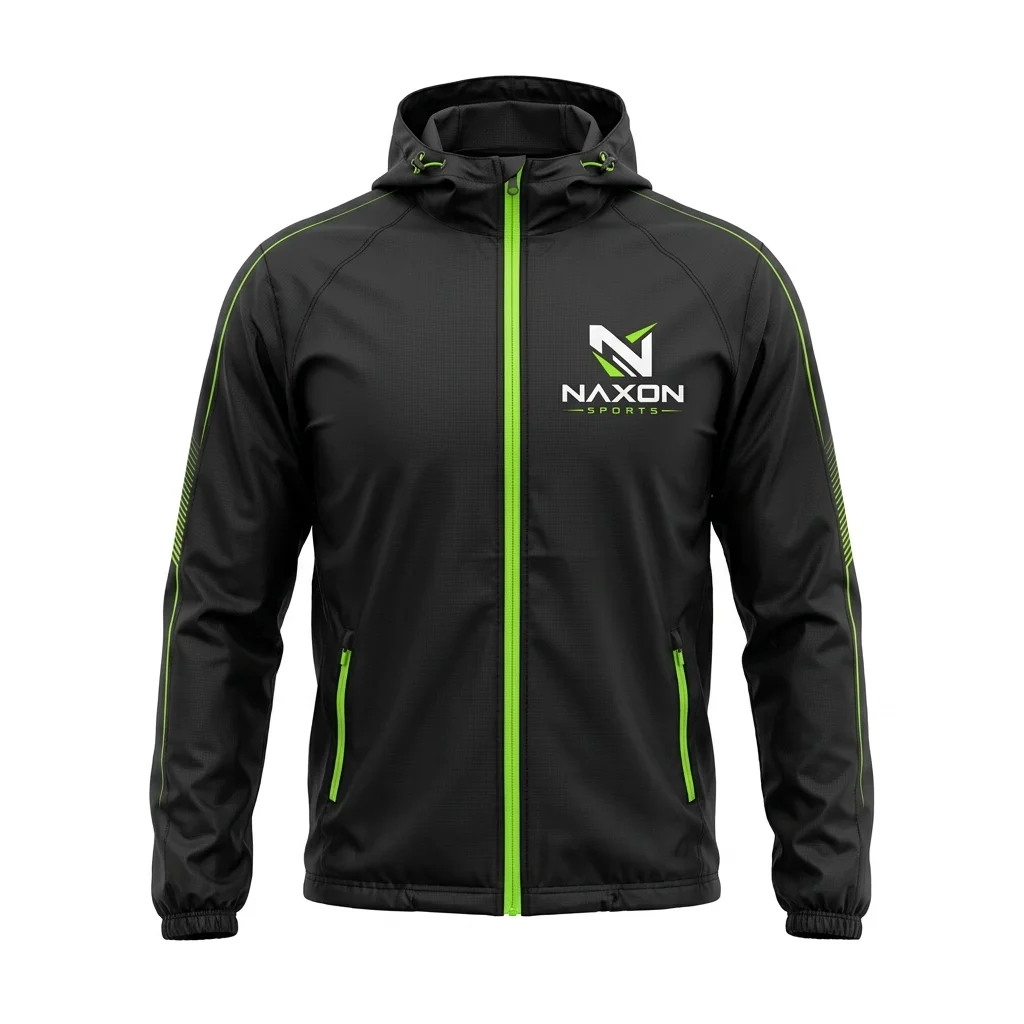 Custom black athletic windbreaker jacket by Naxon Sports
