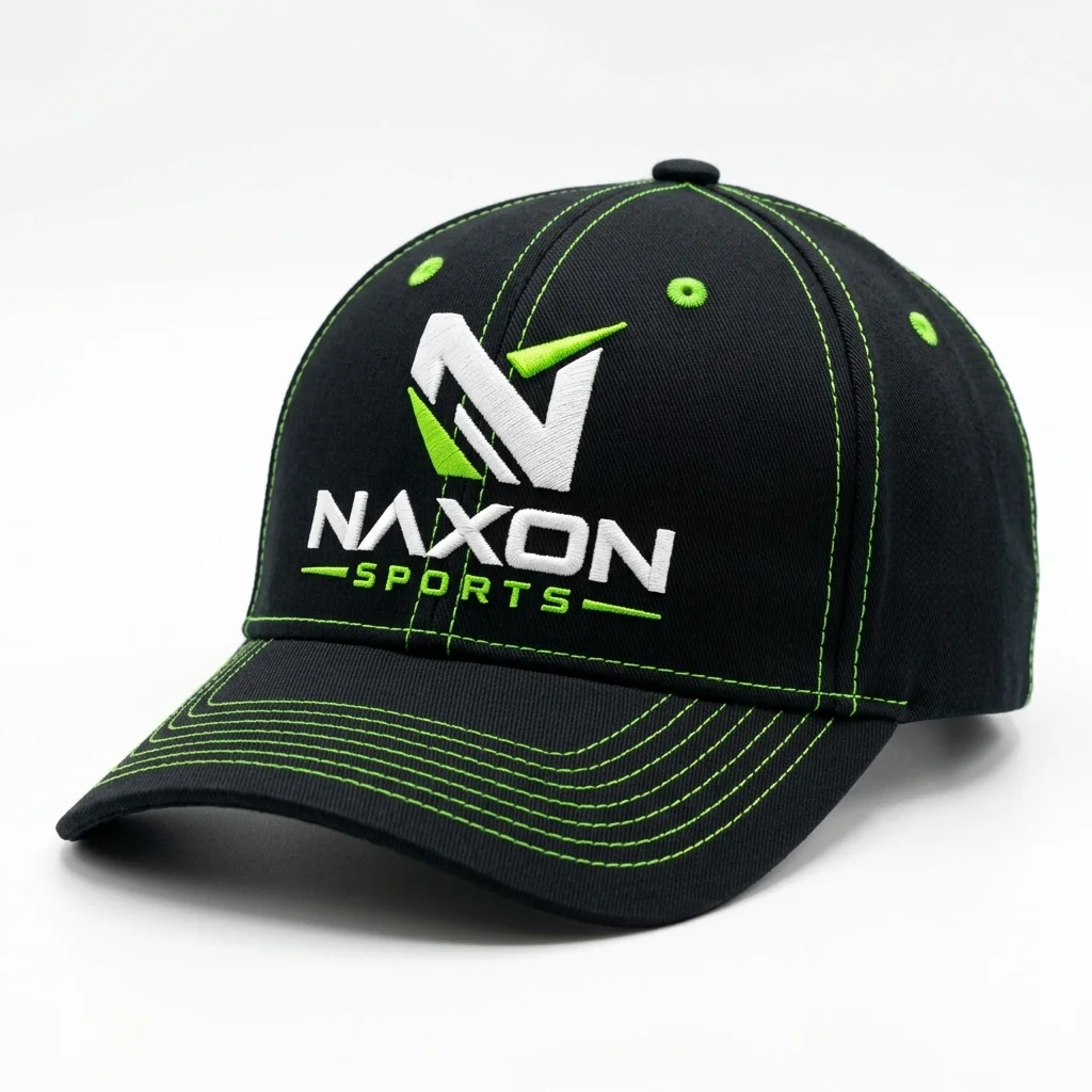 Custom black baseball cap with stitching by Naxon Sports