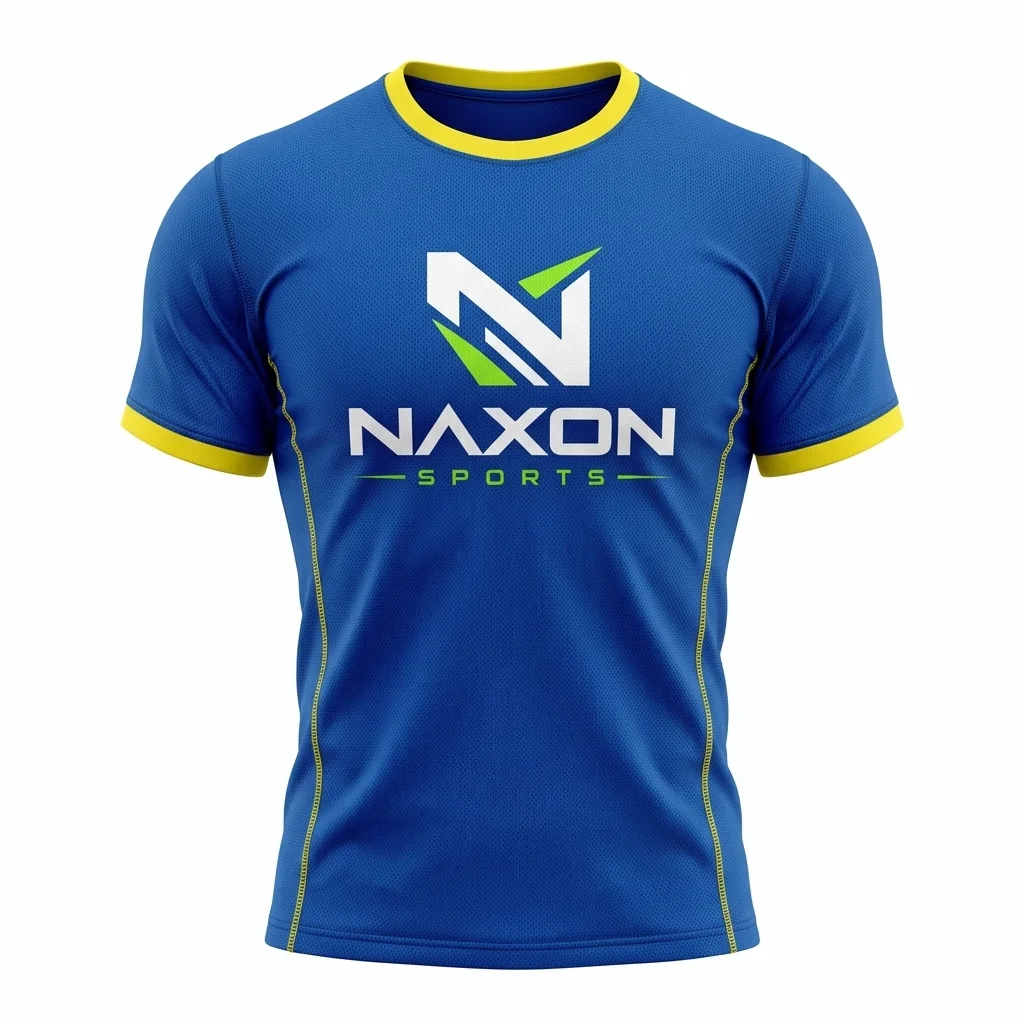 Custom Blue Muscle Fit T-Shirt Design 1 – blue muscle fit t-shirt mock-up made by Naxon Sports, Sialkot