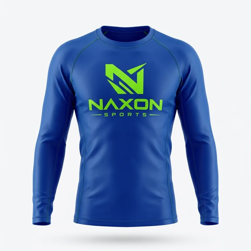 Custom blue rashguard with green logo by Naxon Sports