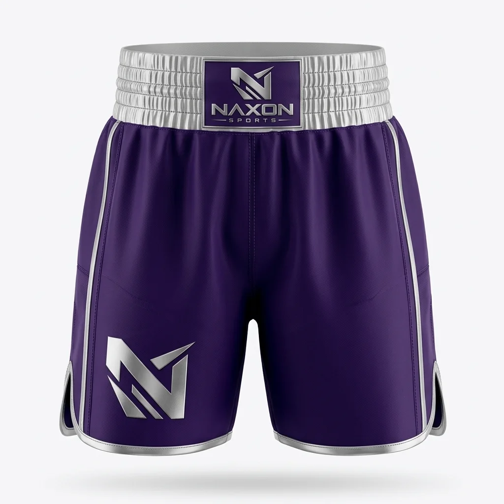Custom boxing shorts with silver waistband by Naxon Sports
