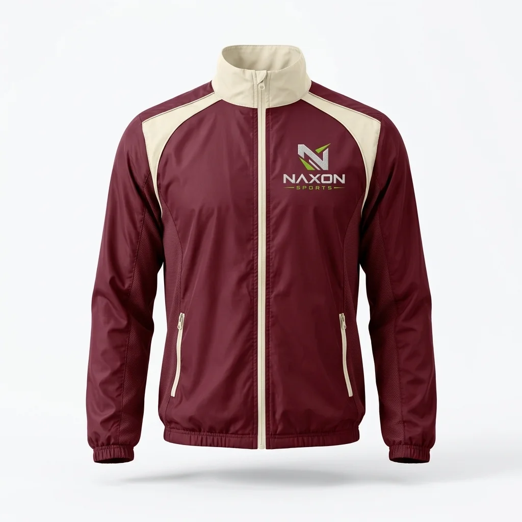 Custom burgundy athletic windbreaker jacket by Naxon Sports