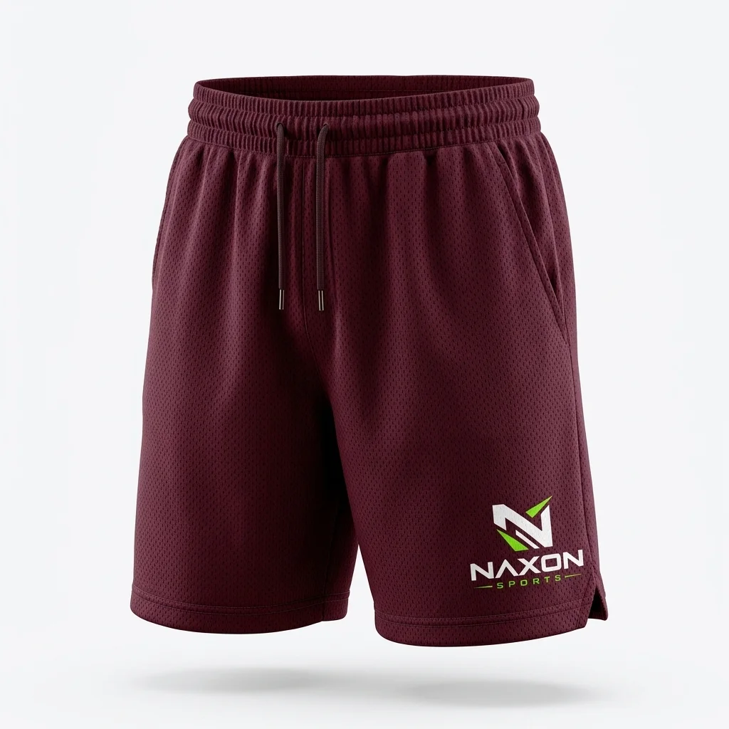 Custom Burgundy Basketball Shorts Design 1 – burgundy basketball shorts mock-up made by Naxon Sports, Sialkot