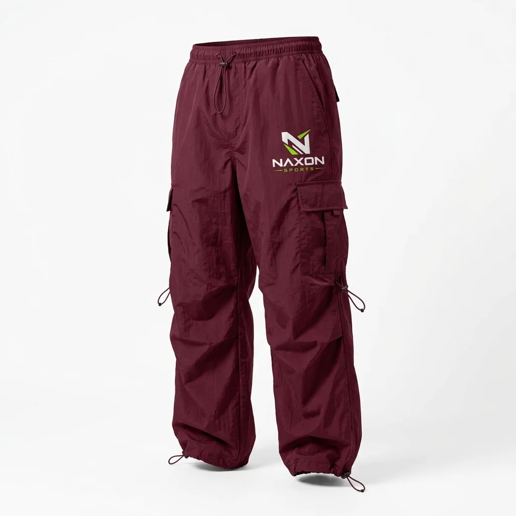 Custom burgundy parachute pants by Naxon Sports