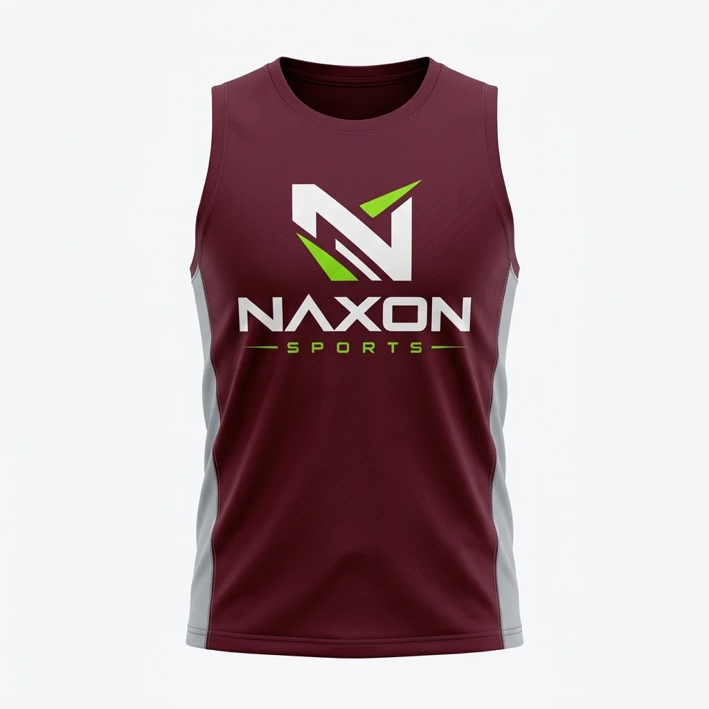 Custom Burgundy Sleeveless Gym Shirt Design 1 – burgundy sleeveless gym shirt mock-up made by Naxon Sports, Sialkot