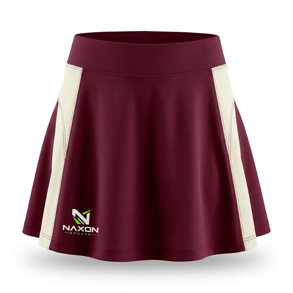 Custom Burgundy Sports Skirt Design 1 – burgundy sports skirt mock-up made by Naxon Sports, Sialkot