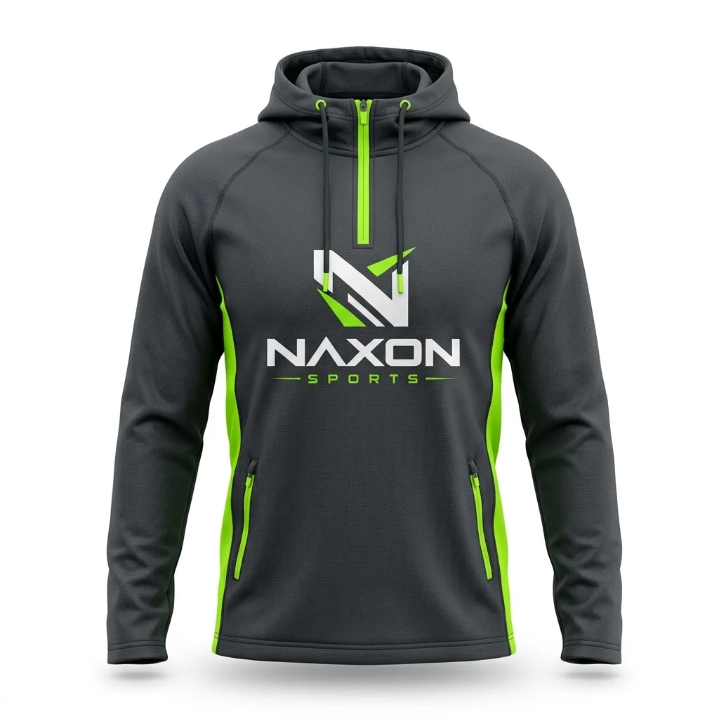 Custom Charcoal Gym Hoodie Design 1 – charcoal gym hoodie mock-up made by Naxon Sports, Sialkot