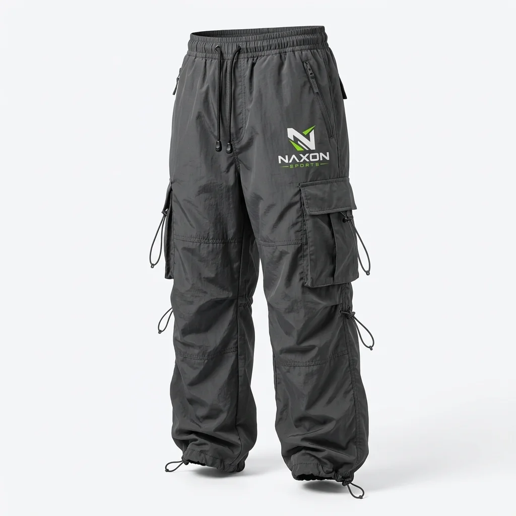 Custom charcoal nylon parachute pants by Naxon Sports