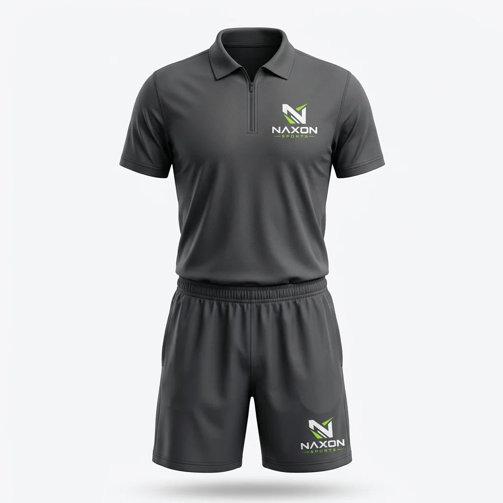 Custom Charcoal Polo And Shorts Design 1 – charcoal polo and shorts mock-up made by Naxon Sports, Sialkot