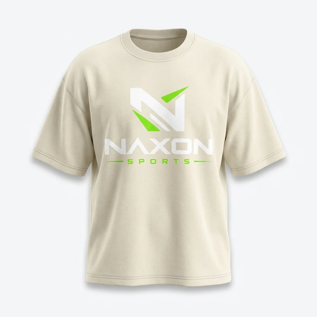 Custom Cream Oversized Gym T-Shirt Design 1 – cream oversized gym t-shirt mock-up made by Naxon Sports, Sialkot