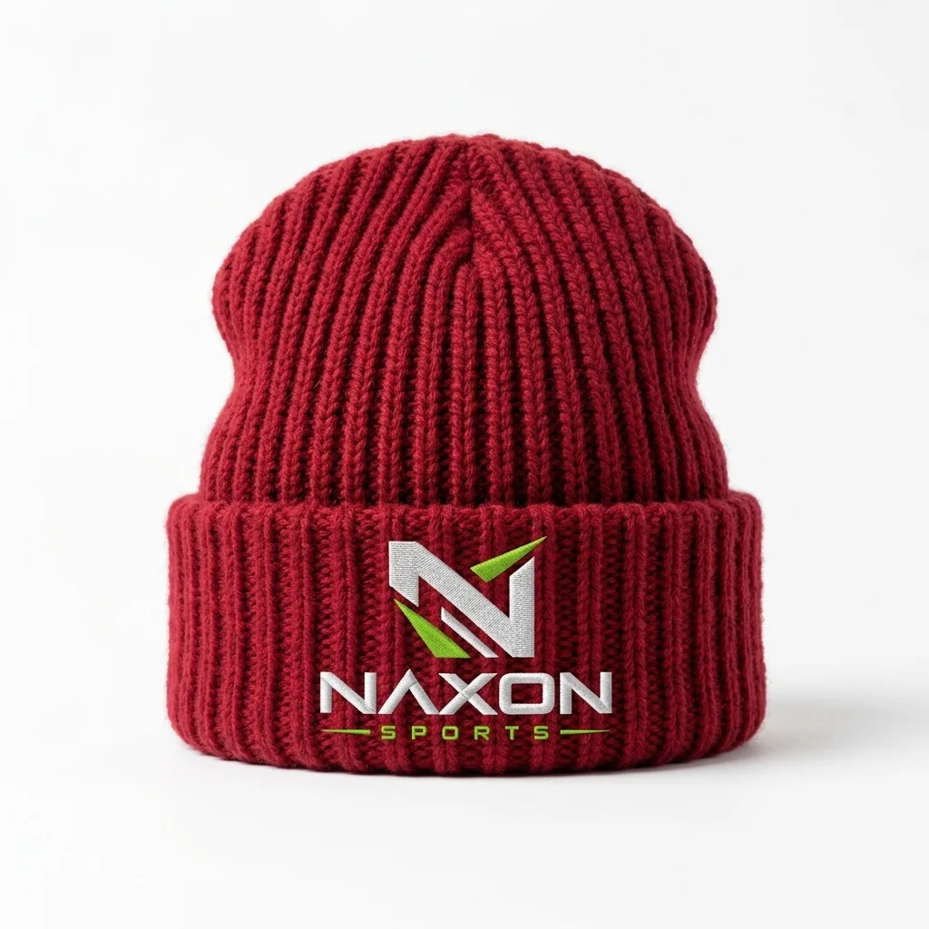 Custom crimson ribbed knit beanie by Naxon Sports