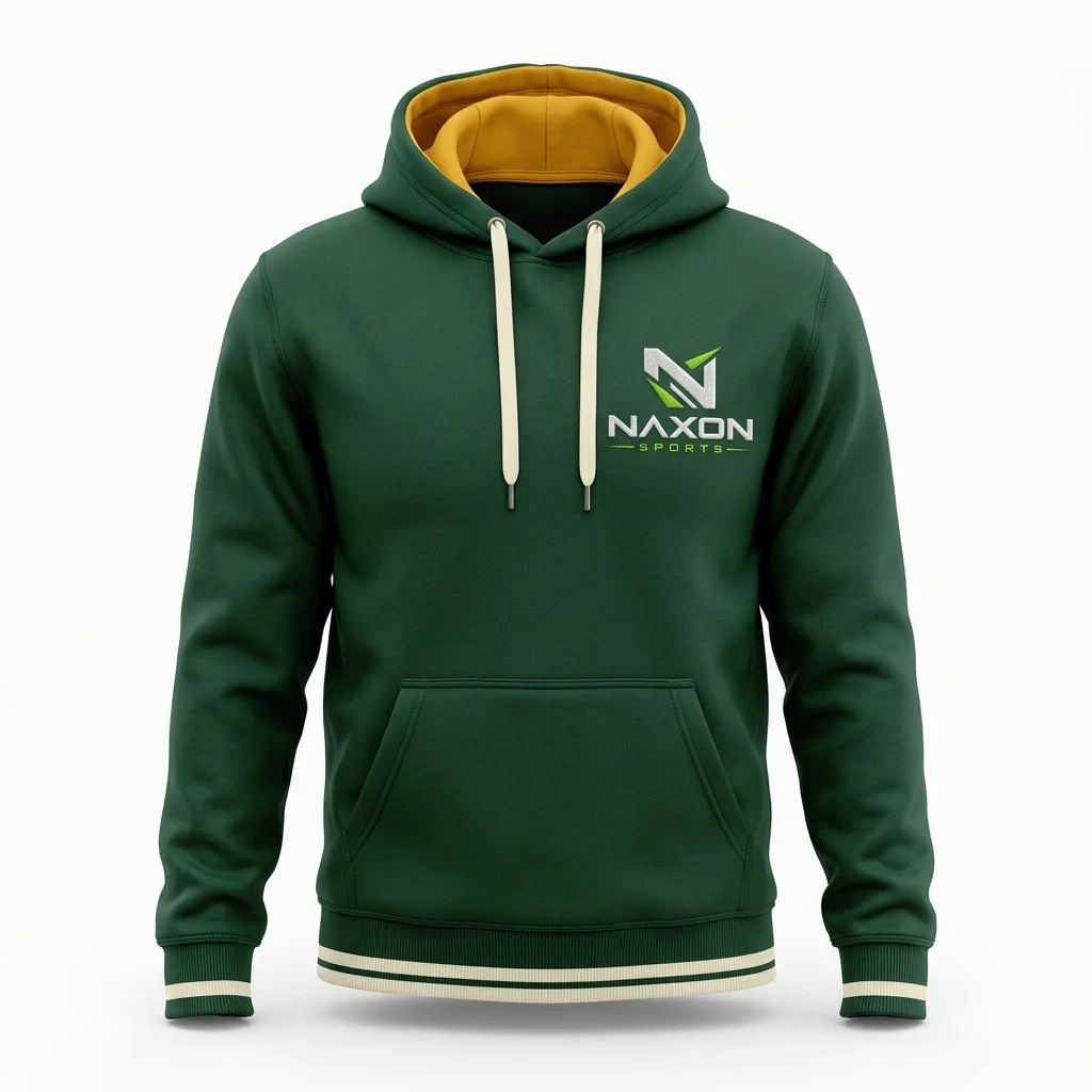 Custom Green Sports Hoodie Design 1 – green sports hoodie mock-up made by Naxon Sports, Sialkot