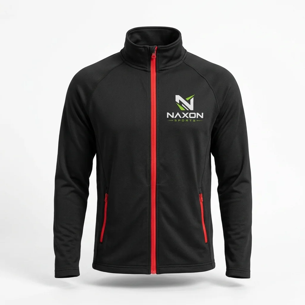 Custom Gym Zip-Up Jacket Design 1 – gym zip-up jacket mock-up made by Naxon Sports, Sialkot