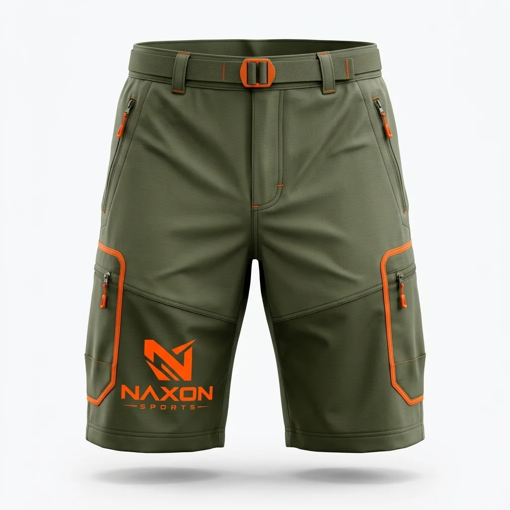 Custom Hiking Shorts Design 3 – hiking shorts mock-up made by Naxon Sports, Sialkot