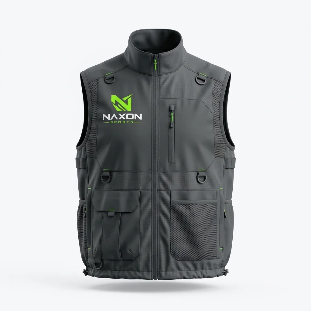Custom Hiking Vest Design 3 – hiking vest mock-up made by Naxon Sports, Sialkot