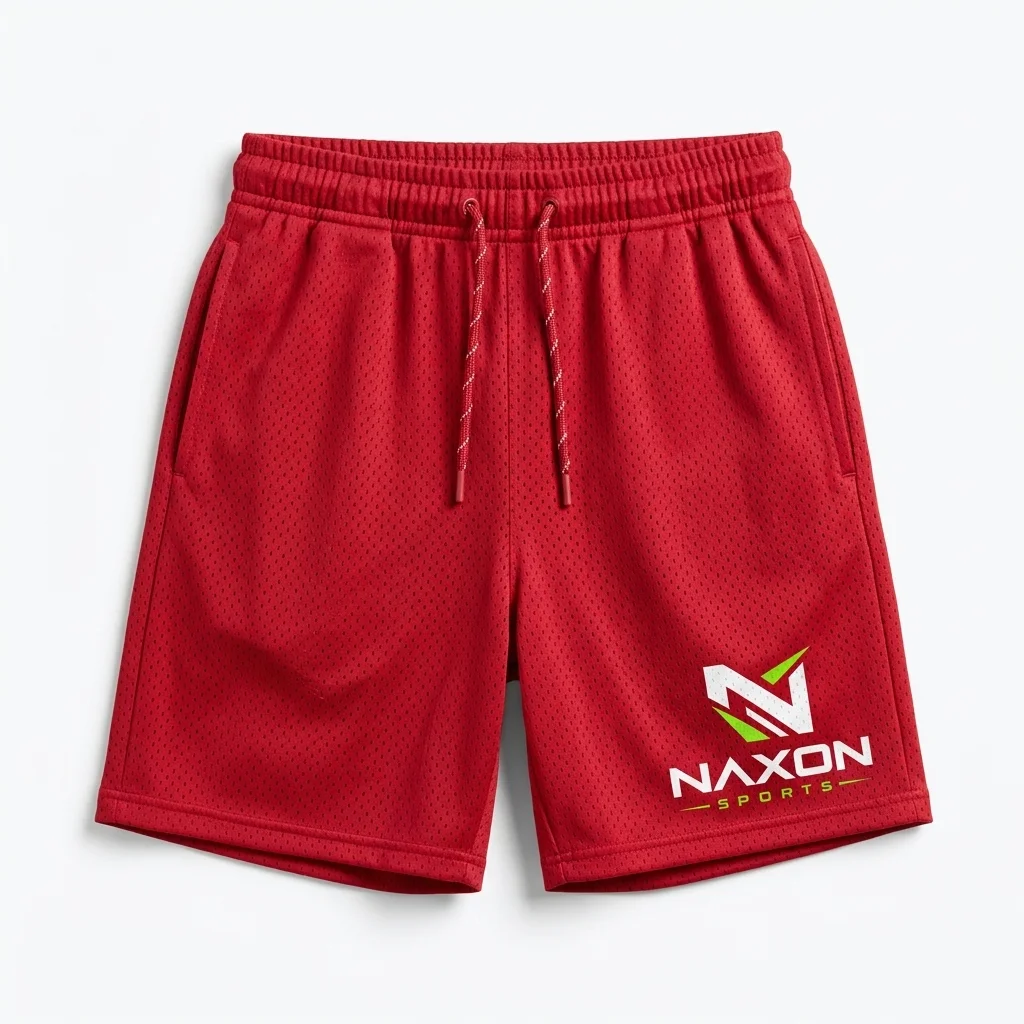 Custom Mesh Basketball Shorts Design 2 – mesh basketball shorts mock-up made by Naxon Sports, Sialkot