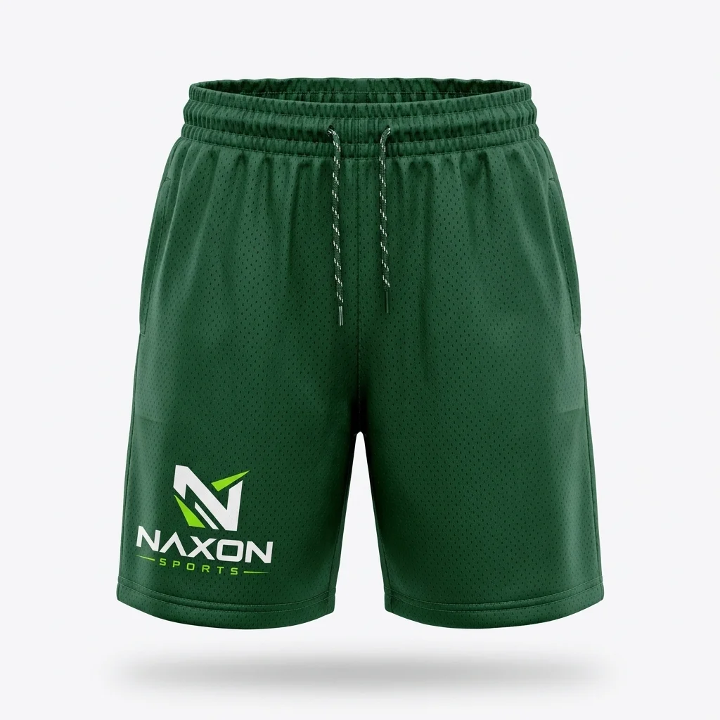 Custom Mesh Basketball Shorts Design 4 – mesh basketball shorts mock-up made by Naxon Sports, Sialkot