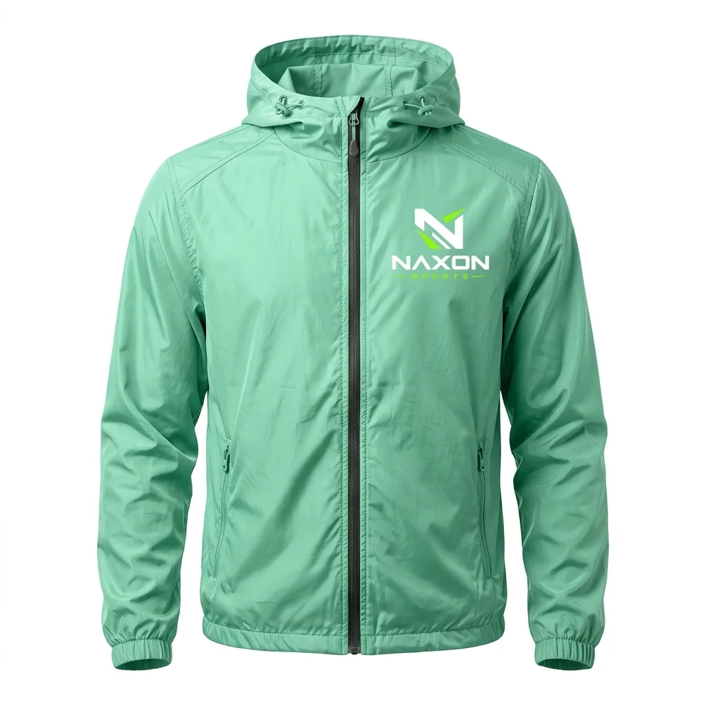 Custom Mint Green Windbreaker Design 1 – mint green windbreaker mock-up made by Naxon Sports, Sialkot