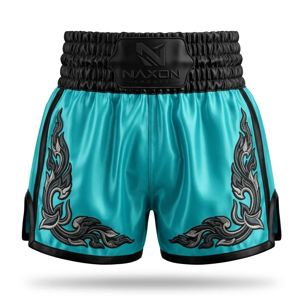 Custom Muay Thai Shorts Design 7 – muay thai shorts mock-up made by Naxon Sports, Sialkot