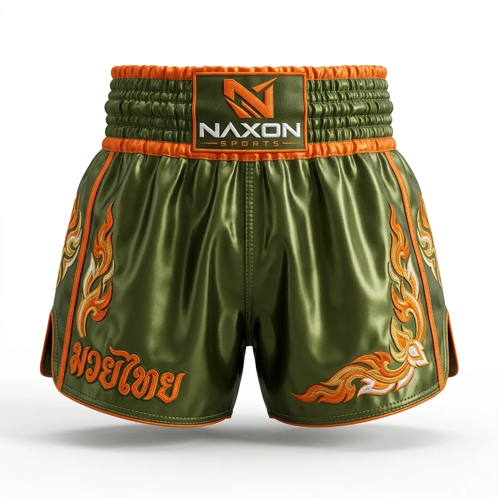 Custom Muay Thai Shorts Design 8 – muay thai shorts mock-up made by Naxon Sports, Sialkot