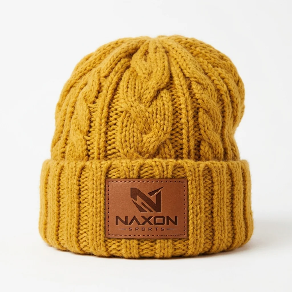 Custom mustard yellow cable knit beanie by Naxon Sports