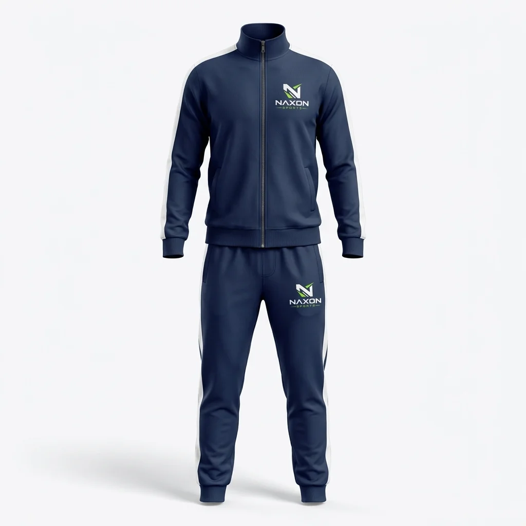 Custom Navy Blue Athletic Tracksuit Design 1 – navy blue athletic tracksuit mock-up made by Naxon Sports, Sialkot