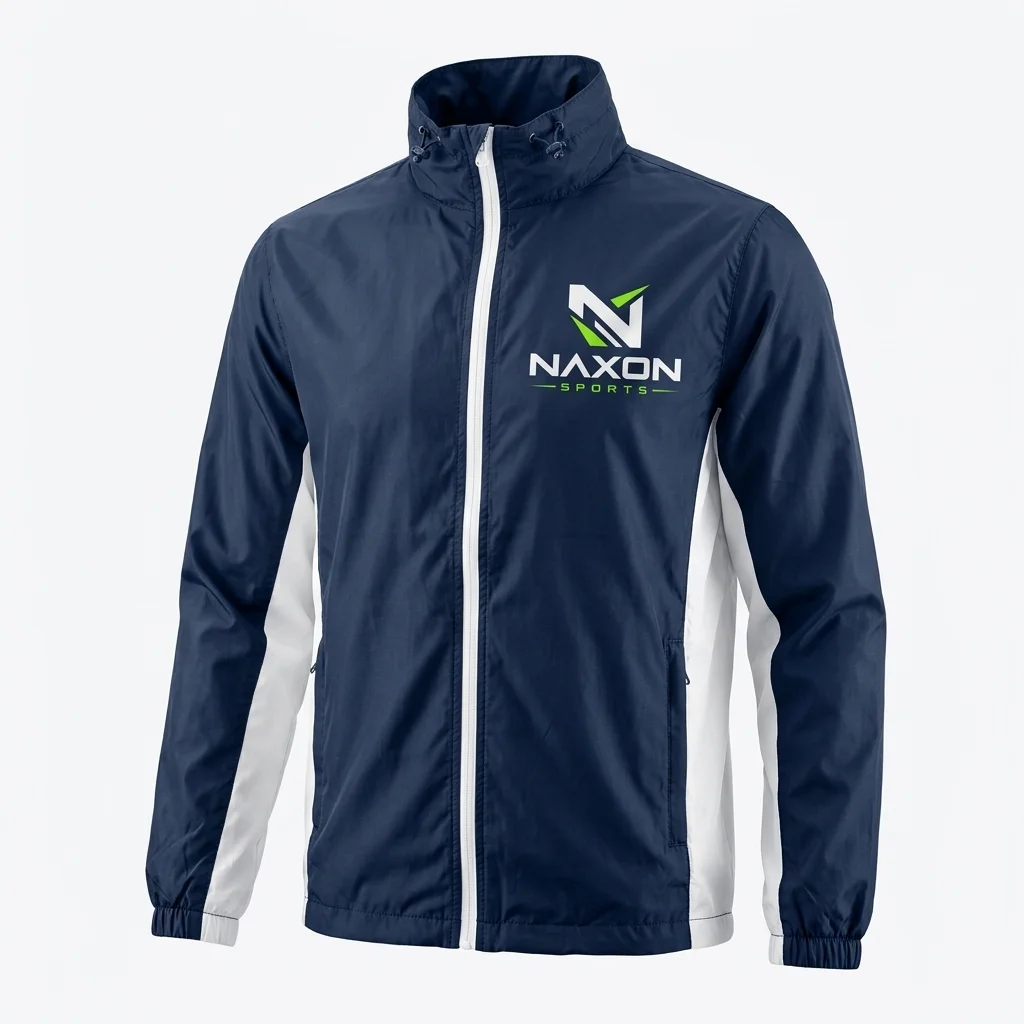 Custom Navy Blue Athletic Windbreaker Design 1 Custom Navy Blue Athletic Windbreaker Design 1 – navy blue athletic windbreaker mock-up made by Naxon Sports, Sialkot