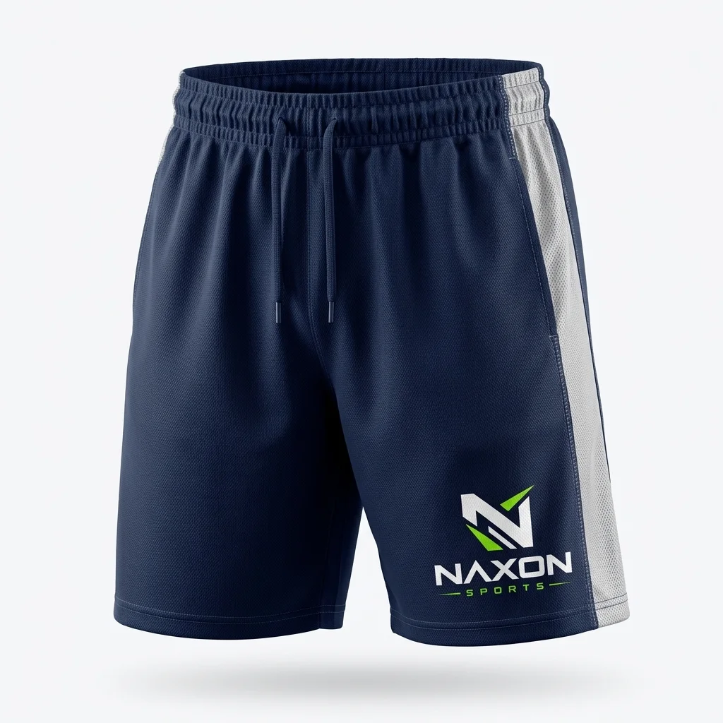 Custom Navy Gym Shorts Design 1 Custom Navy Gym Shorts Design 1 – navy gym shorts mock-up made by Naxon Sports, Sialkot