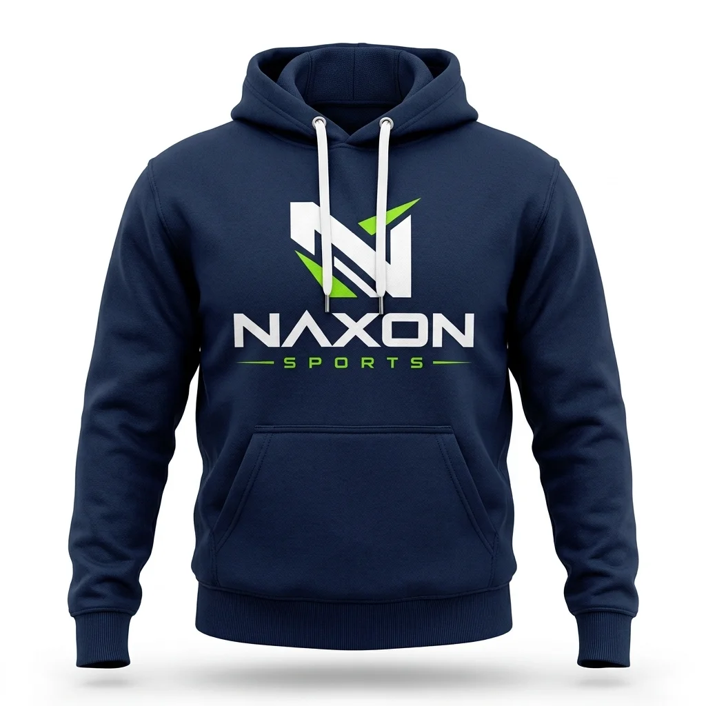 Custom Navy Sports Hoodie Design 1 – navy sports hoodie mock-up made by Naxon Sports, Sialkot