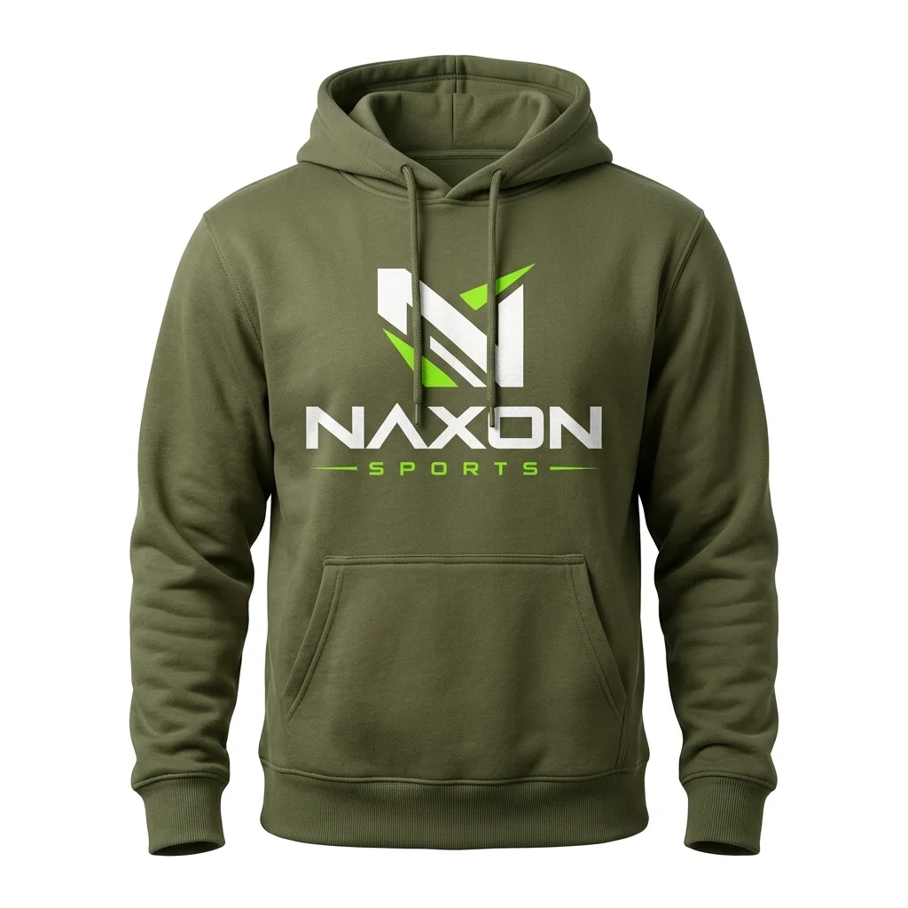 Custom Olive Green Hoodie Design 1 – olive green hoodie mock-up made by Naxon Sports, Sialkot