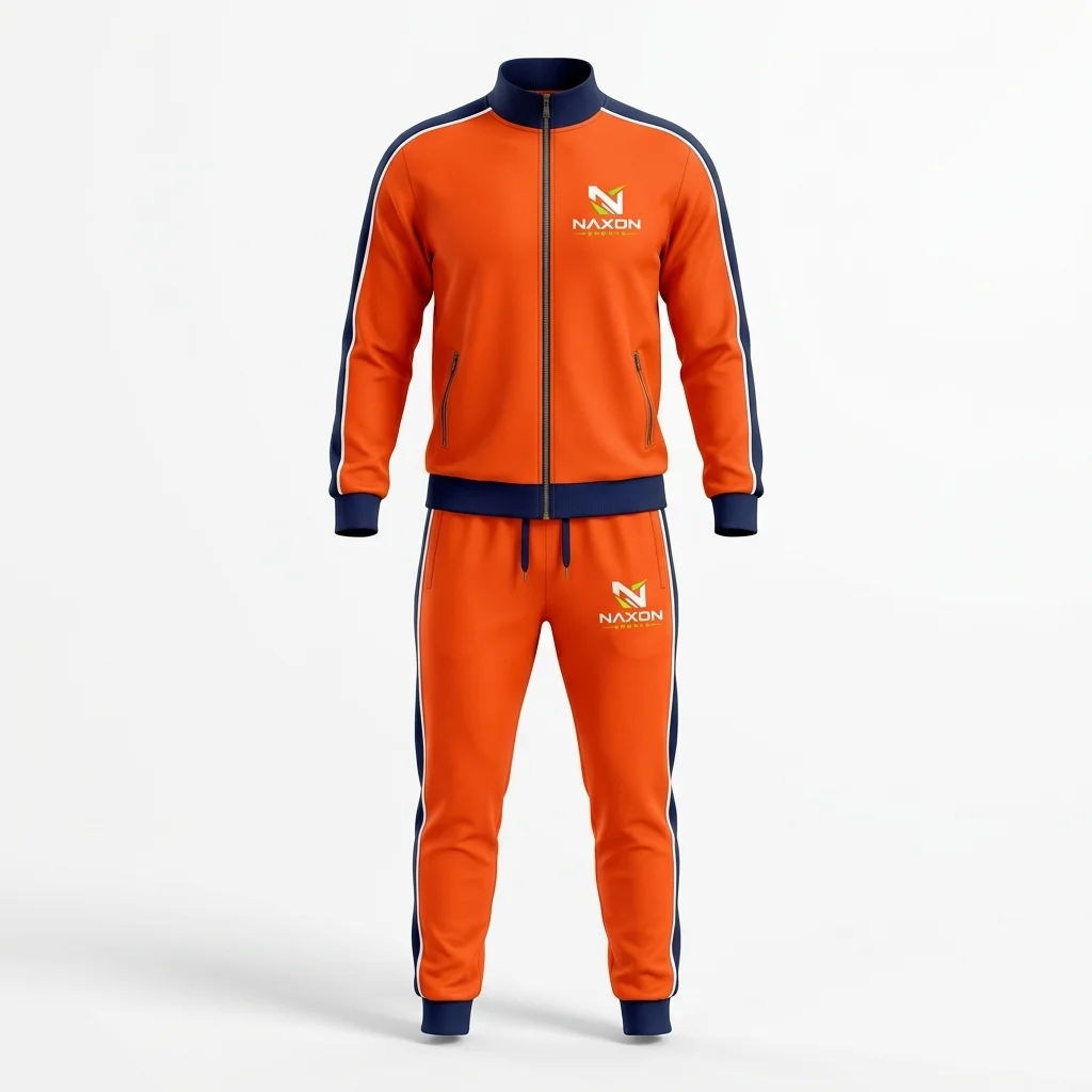 Custom Orange Athletic Tracksuit Design 1 – orange athletic tracksuit mock-up made by Naxon Sports, Sialkot