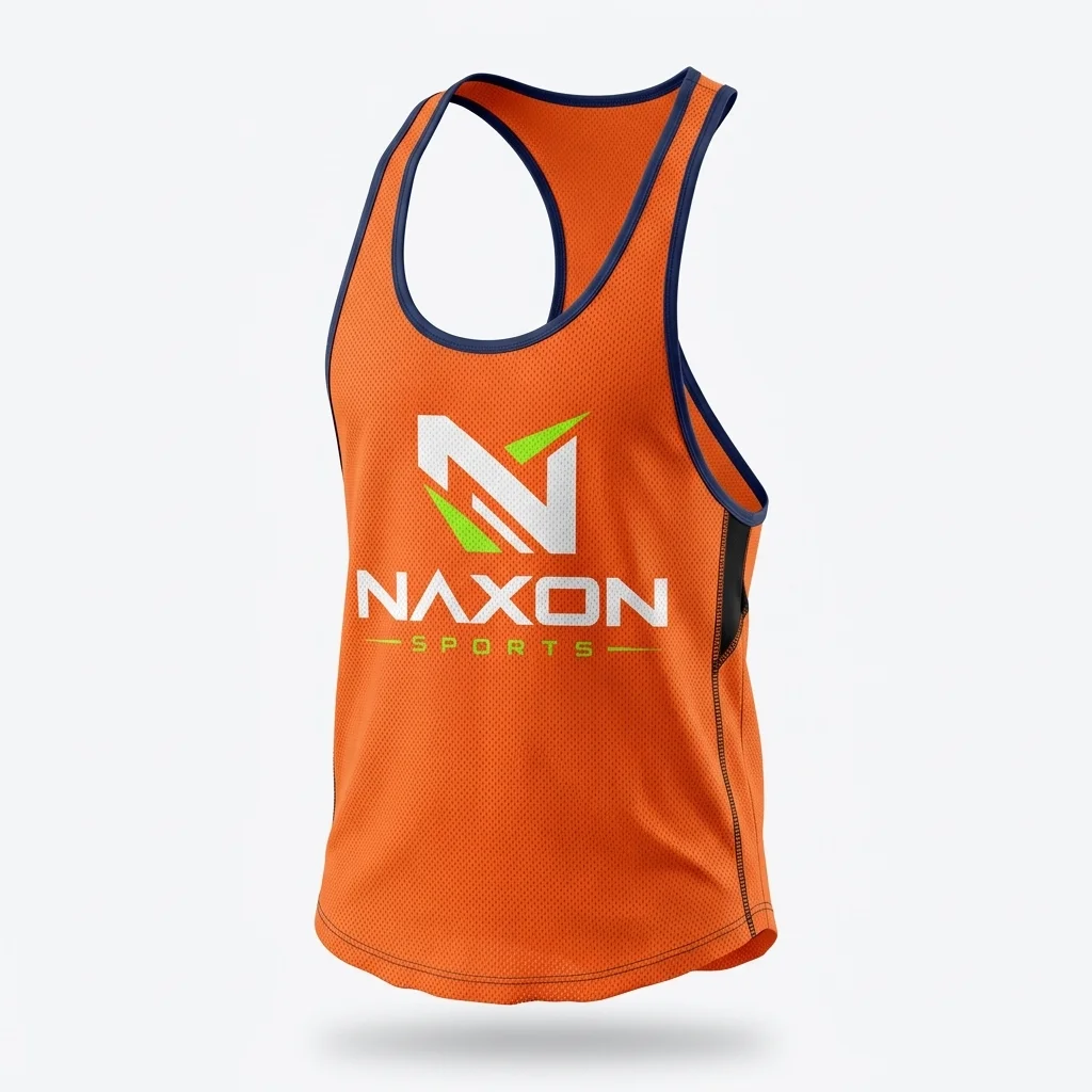 Custom Orange Bodybuilding Stringer Tank Design 1 – orange bodybuilding stringer tank mock-up made by Naxon Sports, Sialkot