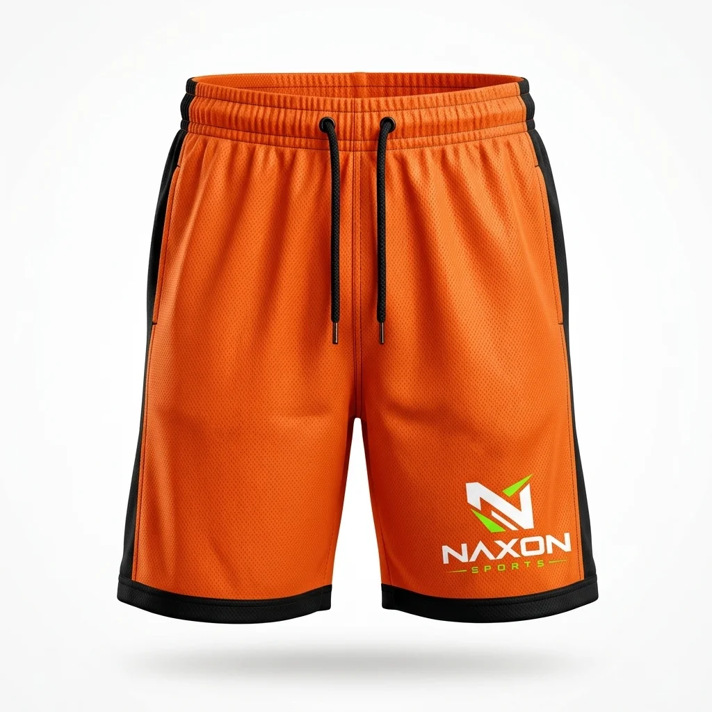 Custom Orange Gym Shorts Design 1 Custom Orange Gym Shorts Design 1 – orange gym shorts mock-up made by Naxon Sports, Sialkot