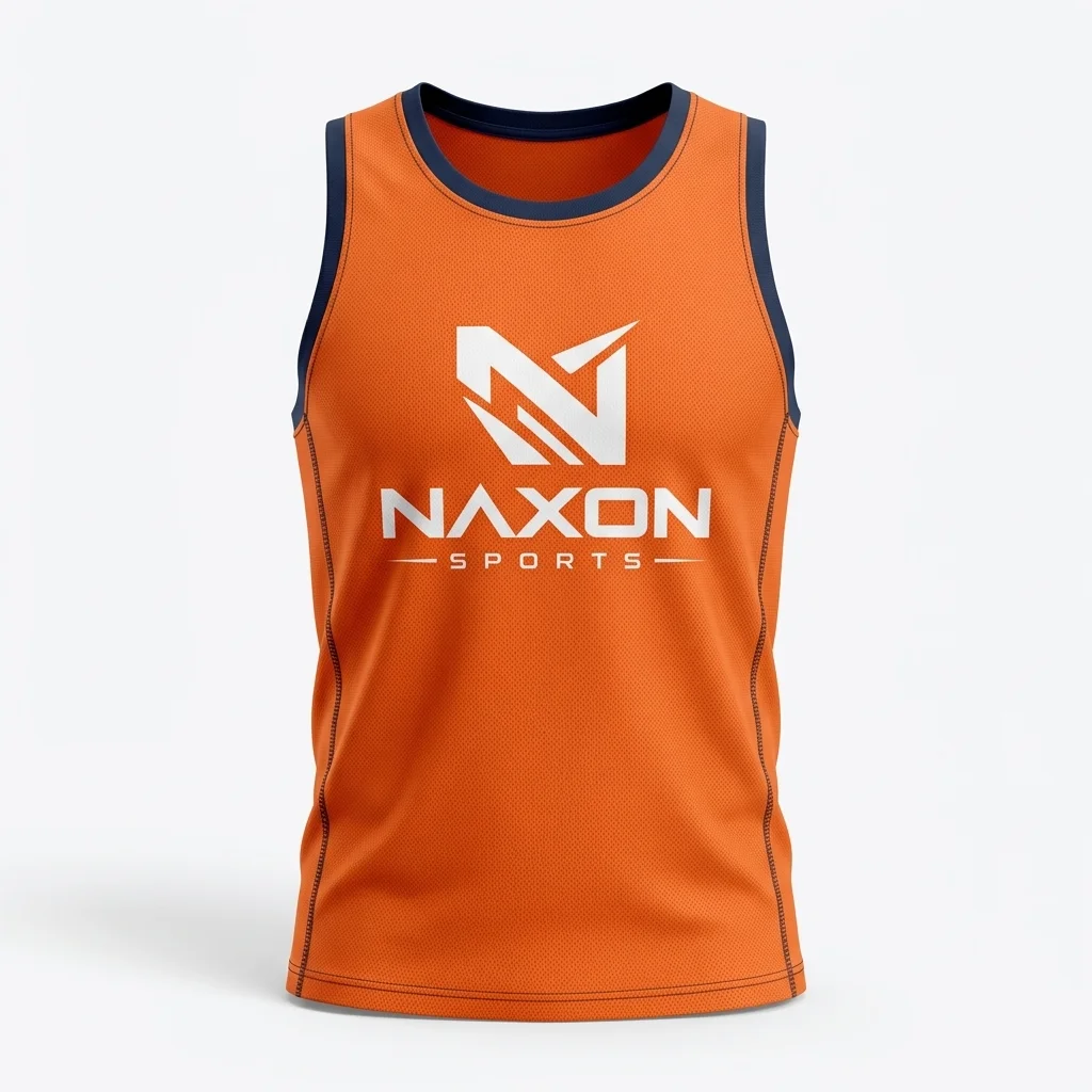 Custom Orange Gym Tank Top Design 1 – orange gym tank top mock-up made by Naxon Sports, Sialkot