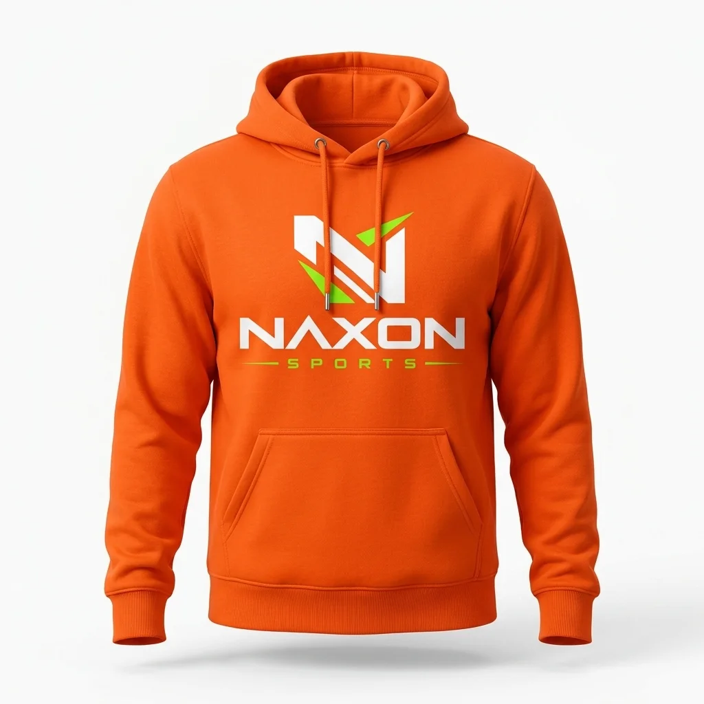 Custom Orange Hoodie Design 1 – orange hoodie mock-up made by Naxon Sports, Sialkot