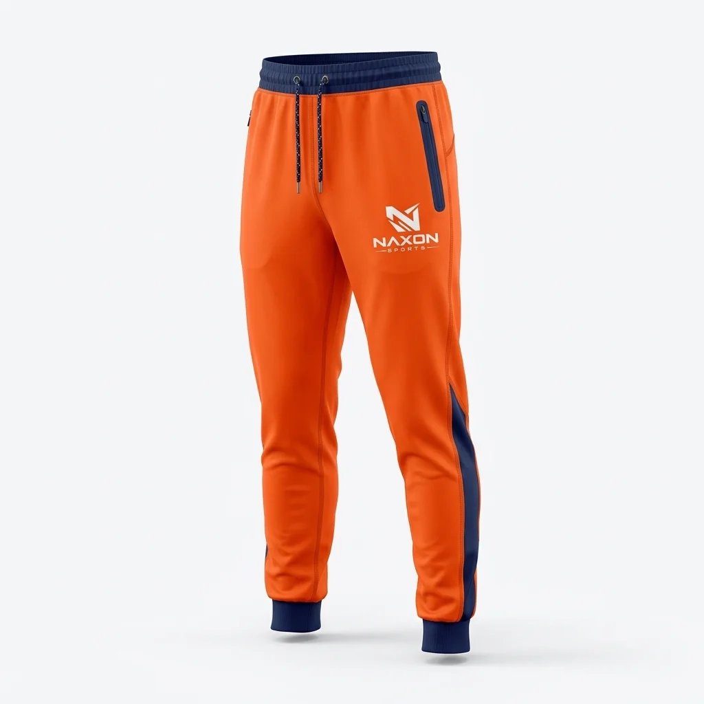Custom Orange Joggers Design 1 – orange joggers mock-up made by Naxon Sports, Sialkot