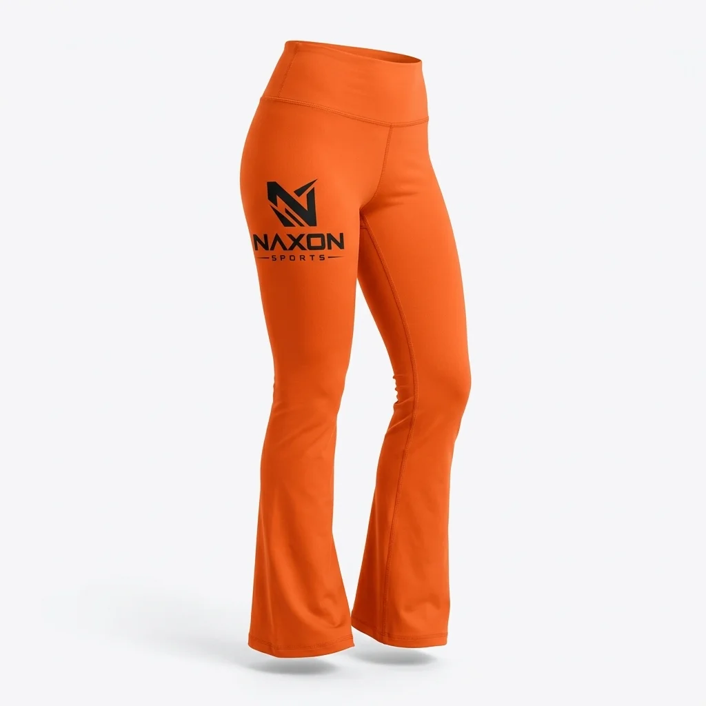 Custom Orange Leggings Design 1 – orange leggings mock-up made by Naxon Sports, Sialkot