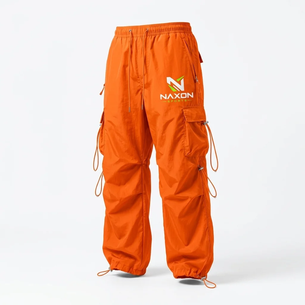 Custom Orange Nylon Parachute Pants Design 1 – orange nylon parachute pants mock-up made by Naxon Sports, Sialkot
