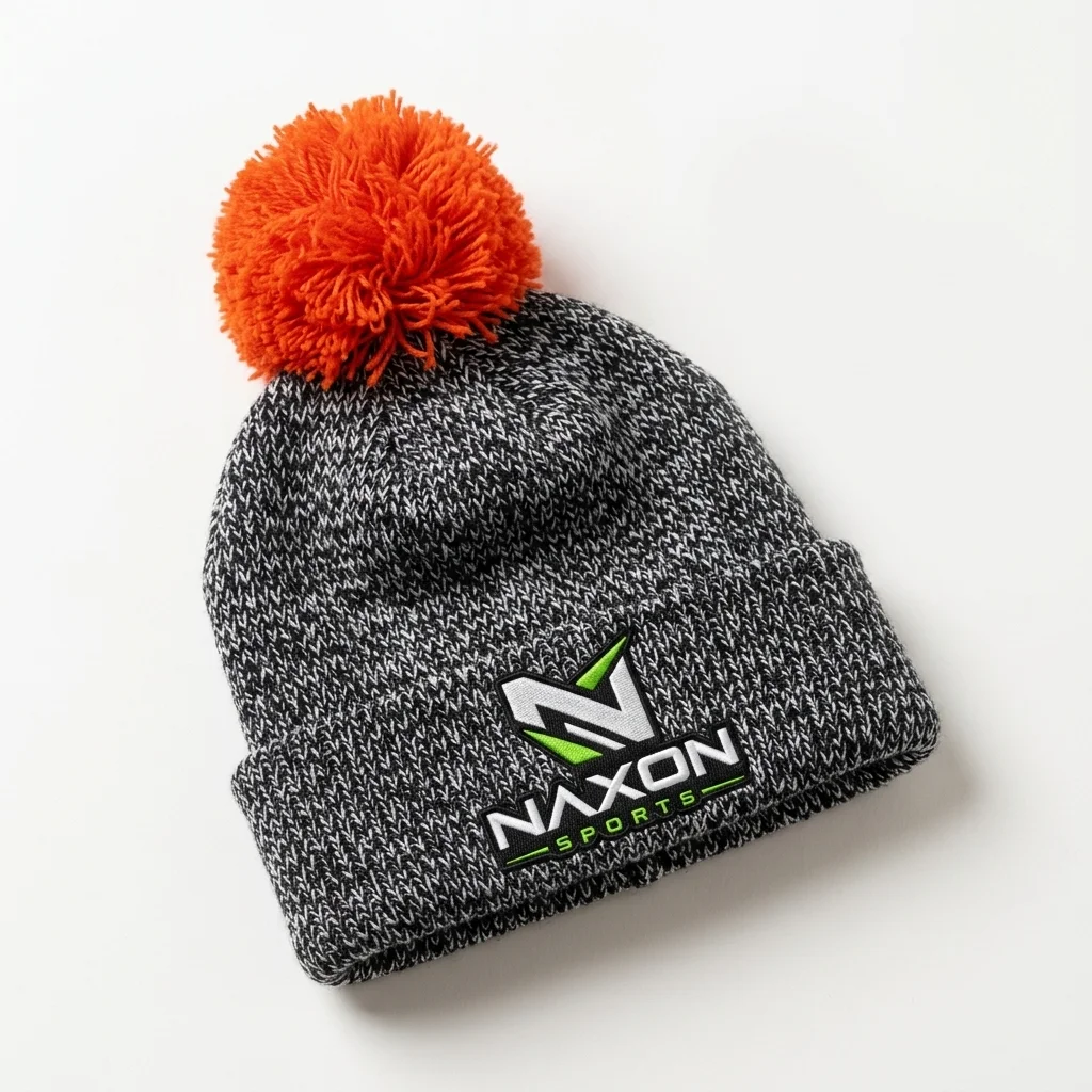 Custom Orange Pom-Pom Beanie Design 1 – orange pom-pom beanie mock-up made by Naxon Sports, Sialkot
