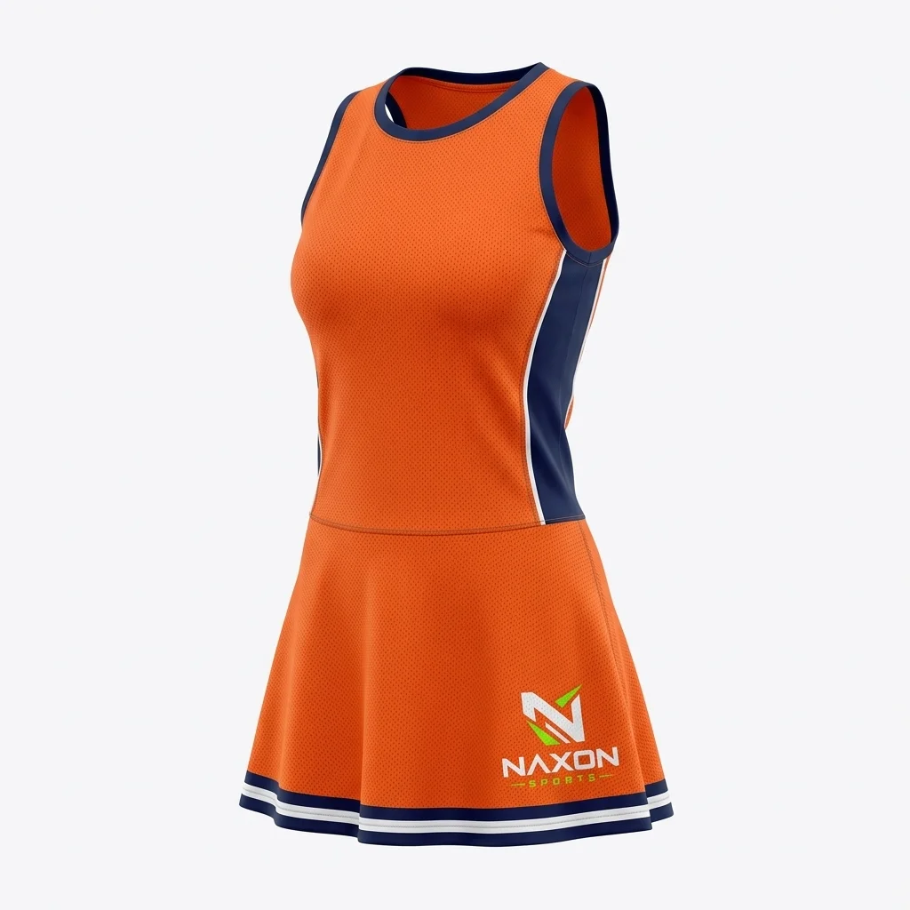 Custom Orange Sports Dress Design 1 – orange sports dress mock-up made by Naxon Sports, Sialkot