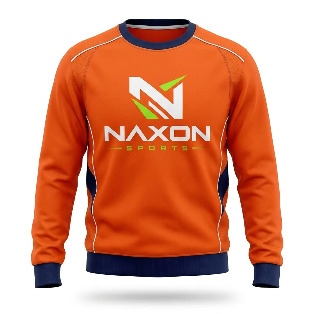 Custom Orange Sports Sweatshirt Design 1 – orange sports sweatshirt mock-up made by Naxon Sports, Sialkot