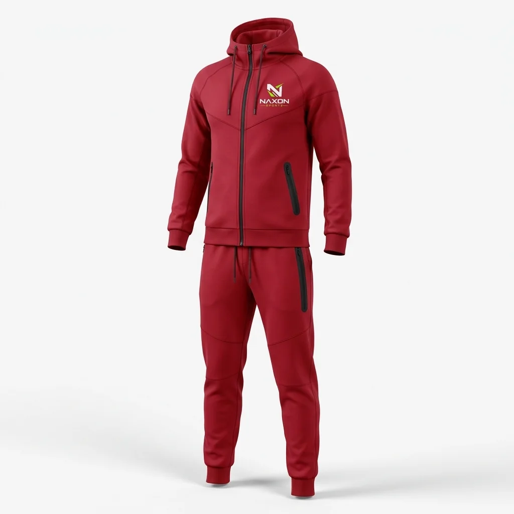 Custom Of Crimson Tracksuit Design 1 – of crimson tracksuit mock-up made by Naxon Sports, Sialkot