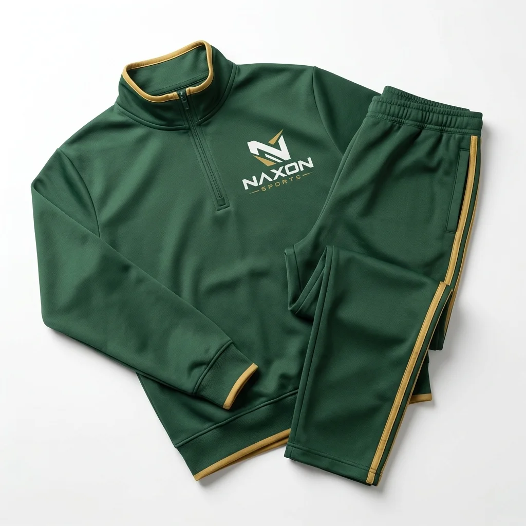 Custom Pullover Tracksuit With Gold Trim Design 1 – pullover tracksuit with gold trim mock-up made by Naxon Sports, Sialkot