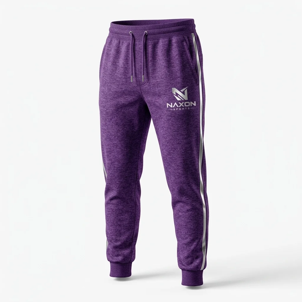 Custom Purple Joggers With Stripes Design 1 Custom Purple Joggers With Stripes Design 1 – purple joggers with stripes mock-up made by Naxon Sports, Sialkot