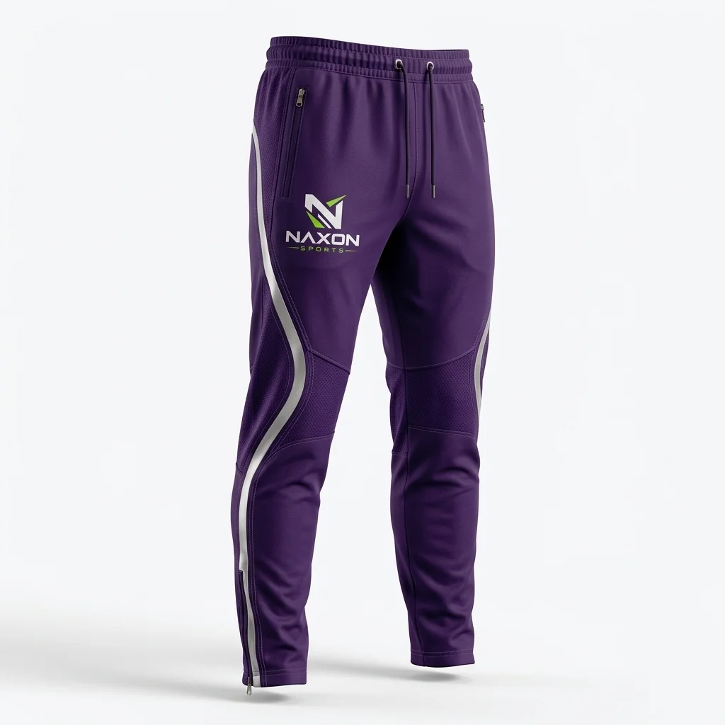 Custom Purple Track Pants Design 1 – purple track pants mock-up made by Naxon Sports, Sialkot