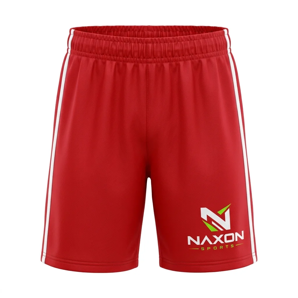 Custom Red Football Shorts Design 1 – red football shorts mock-up made by Naxon Sports, Sialkot