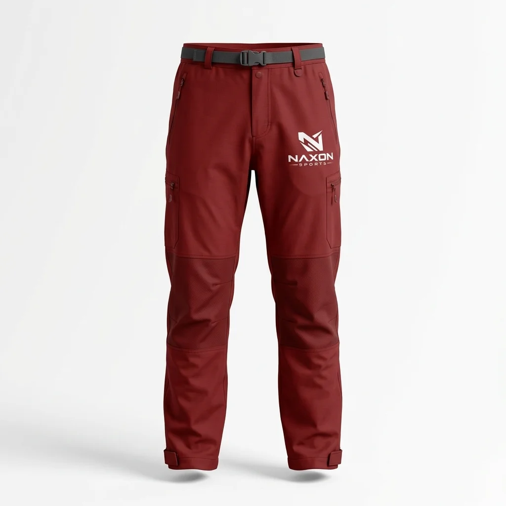 Custom Red Hiking Pants Design 1 – red hiking pants mock-up made by Naxon Sports, Sialkot