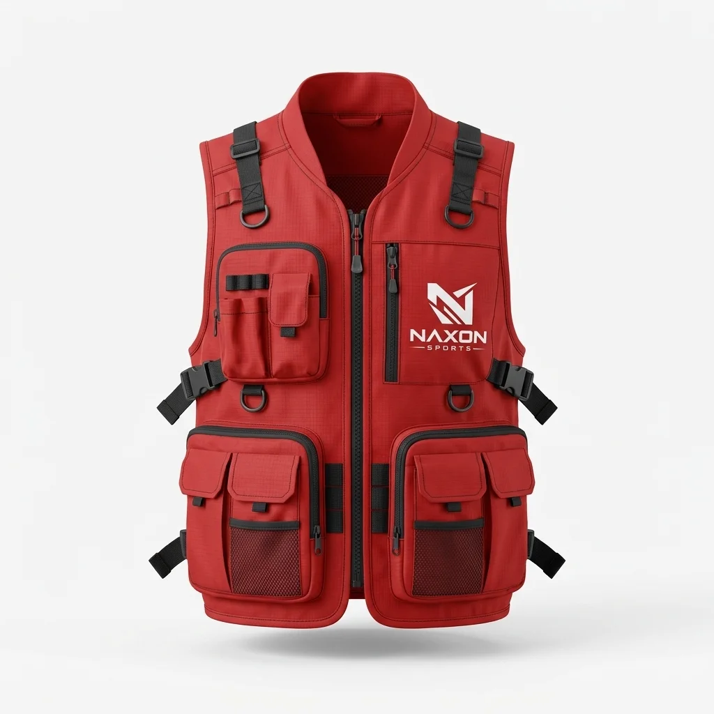 Custom Red Hiking Vest Design 1 – red hiking vest mock-up made by Naxon Sports, Sialkot