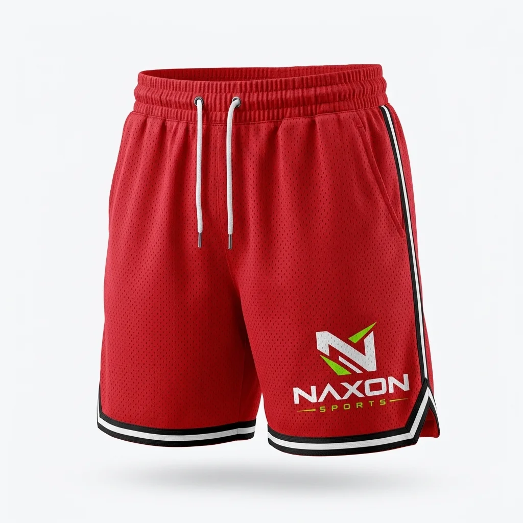 Custom Red Mesh Basketball Shorts Design 1 – red mesh basketball shorts mock-up made by Naxon Sports, Sialkot