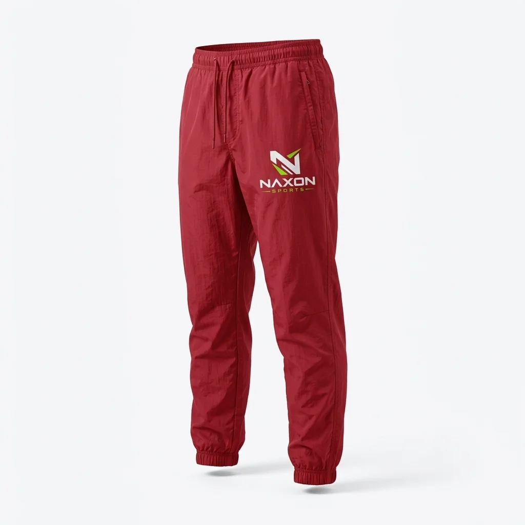 Custom Red Nylon Track Pants Design 1 Custom Red Nylon Track Pants Design 1 – red nylon track pants mock-up made by Naxon Sports, Sialkot